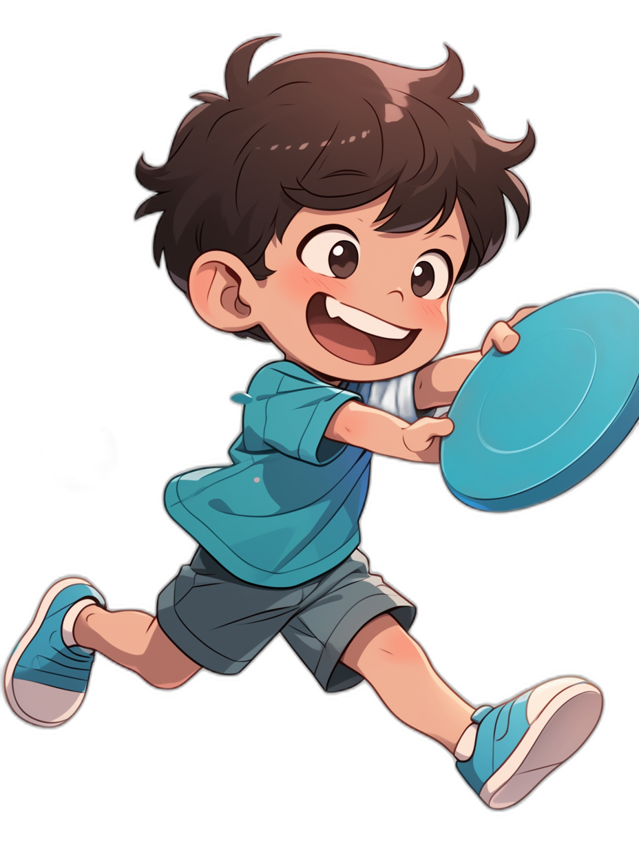 A cute cartoon boy with dark brown hair, wearing a blue shirt and grey shorts is smiling while playing frisbee on a black background in the style of Ghibli. The simple, low detail, flat illustration has no shadows or shading. The high resolution vector art features an anime-style character wearing brightly colored sneakers. He holds a light blue frisbee plate and runs fast towards you with his right hand outstretched to give it to you.