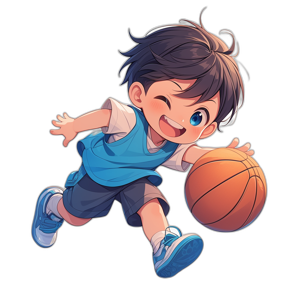 a cute little boy playing basketball, vector illustration in the style of ghibli and adobe illustrator logo on black background, wearing blue shirt with white collar and dark grey shorts with light Blue sneakers, he has short hair, big bright eyes, happy expression, holding ball under his arm ready to shoot, chibi character design, isolated on solid pure Black Background, high resolution, high quality, high detail