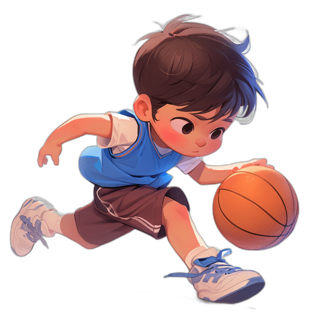 A cute little boy playing basketball, with a blue and white shirt, dark brown shorts and light grey shoes. A character design illustration in the style of Disney Pixar, on a black background, of high quality.