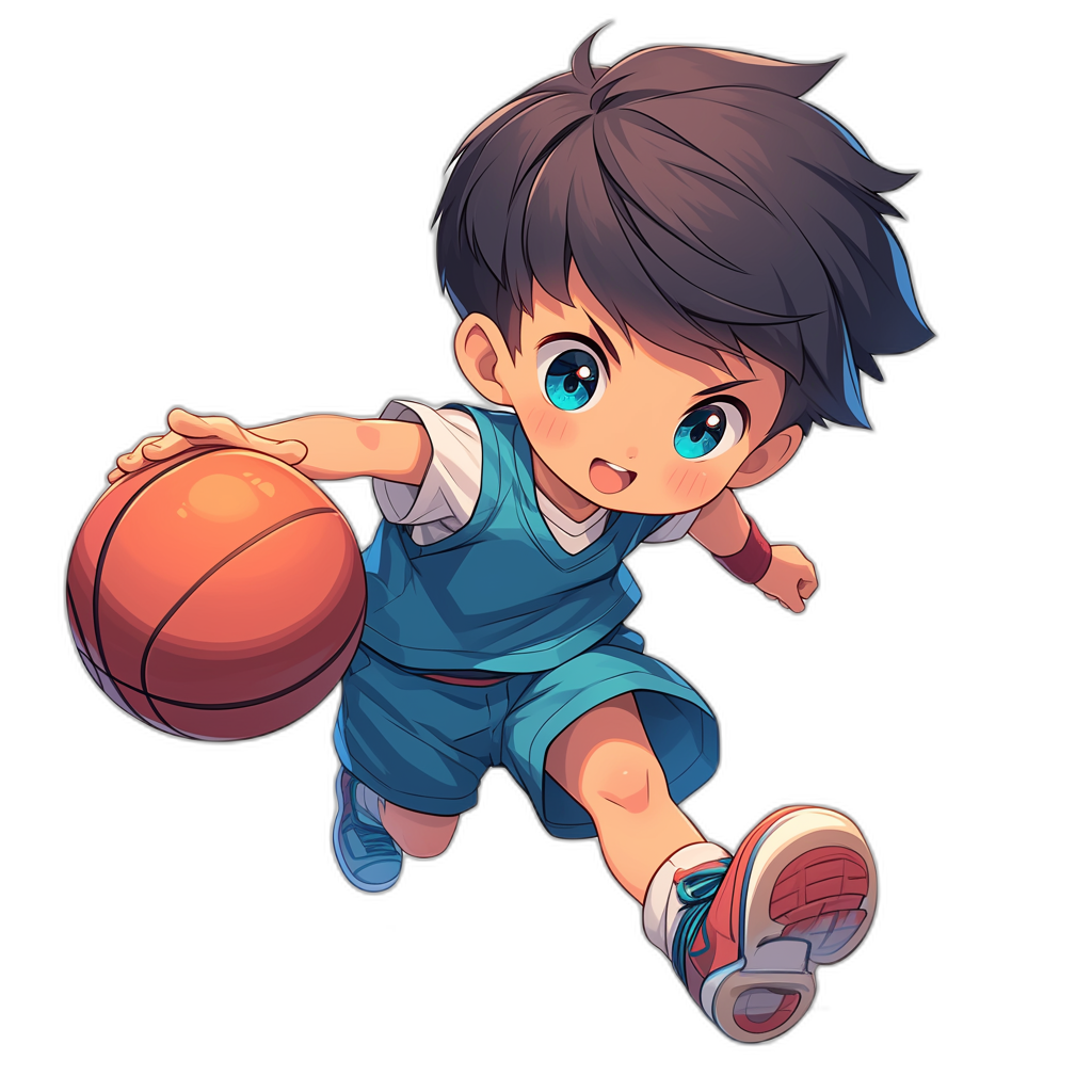 a cute chibi anime boy in blue basketball uniform, playing basketball, vector art on black background, high resolution, high quality