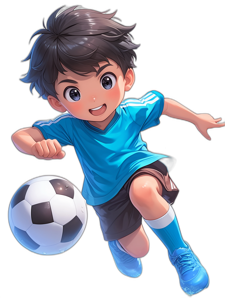 A cute little boy with black hair, wearing blue short sleeves and shorts as well as white soccer shoes on his feet is playing football in the style of [Makoto Shinkai](https://goo.gl/search?artist%20Makoto%20Shinkai). The background color should be pure black. He has big eyes and an adorable smile on his face. He wears dark brown pants underneath the shirt. His expression looks happy while he plays football. A closeup shot captures him from head to toe, showcasing his full body in the style of [Makoto Shinkai](https://goo.gl/search?artist%20Makoto%20Shinkai).