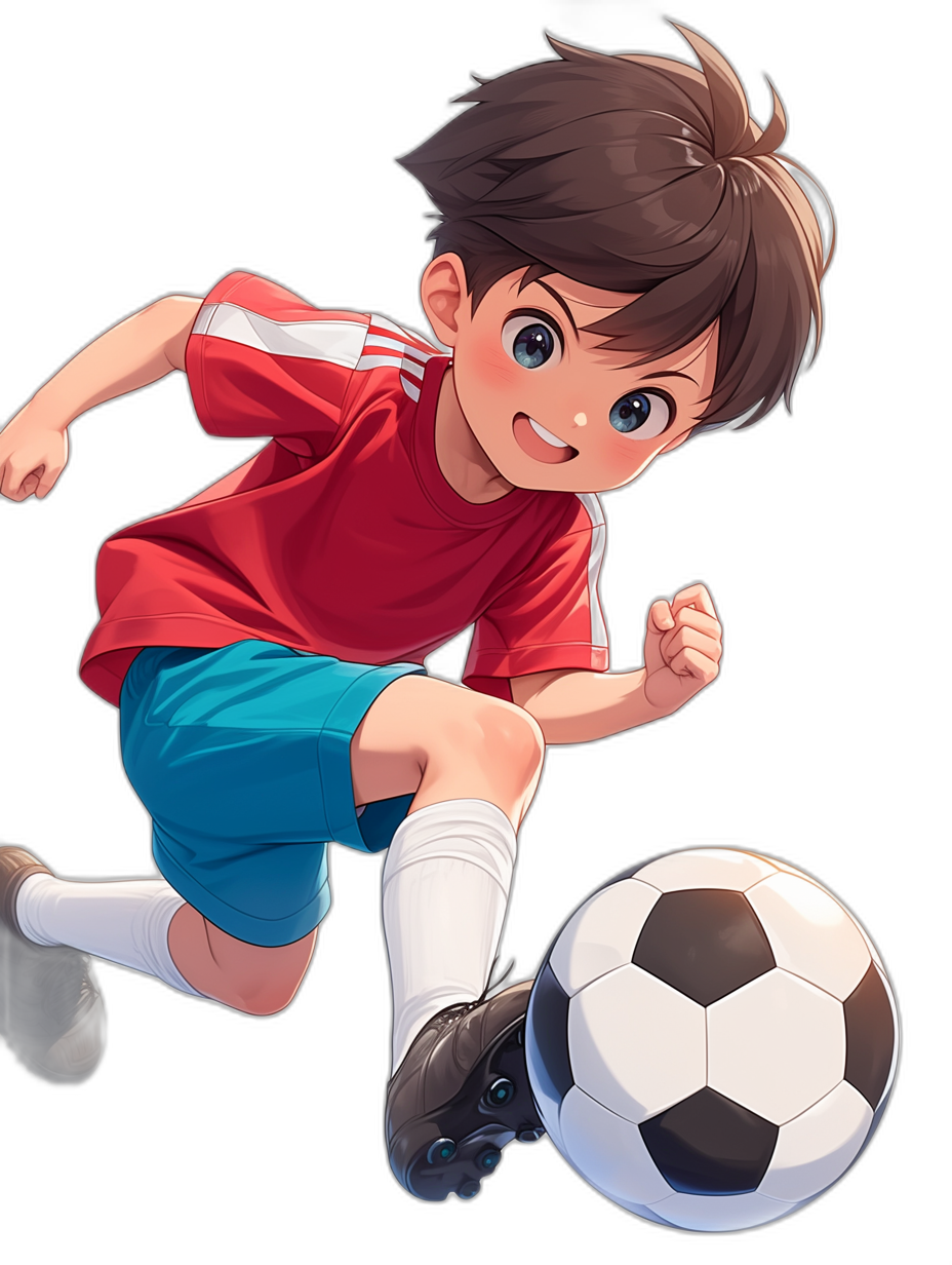 An anime-style illustration of a cute boy in a red t-shirt and blue shorts, white socks with black shoes kicking a soccer ball on an isolated background. The focus is sharp and the colors vibrant against a pure black background. Ensure that characters have distinct features and wear typical  for their age.