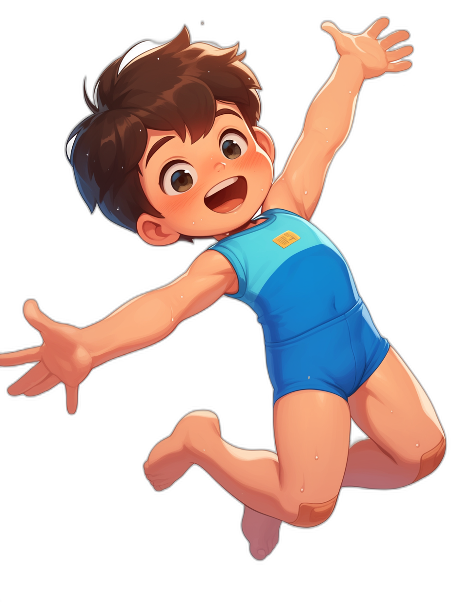 A boy in a blue gymnastics outfit is jumping and smiling. He has brown hair with bangs in a cute cartoon style. The background is black with a Disney Pixar animation style. It is a full body shot with a simple background at a high resolution. The character’s face is rendered in hyper realistic detail with no shadows on his head and no shading or shadowing.