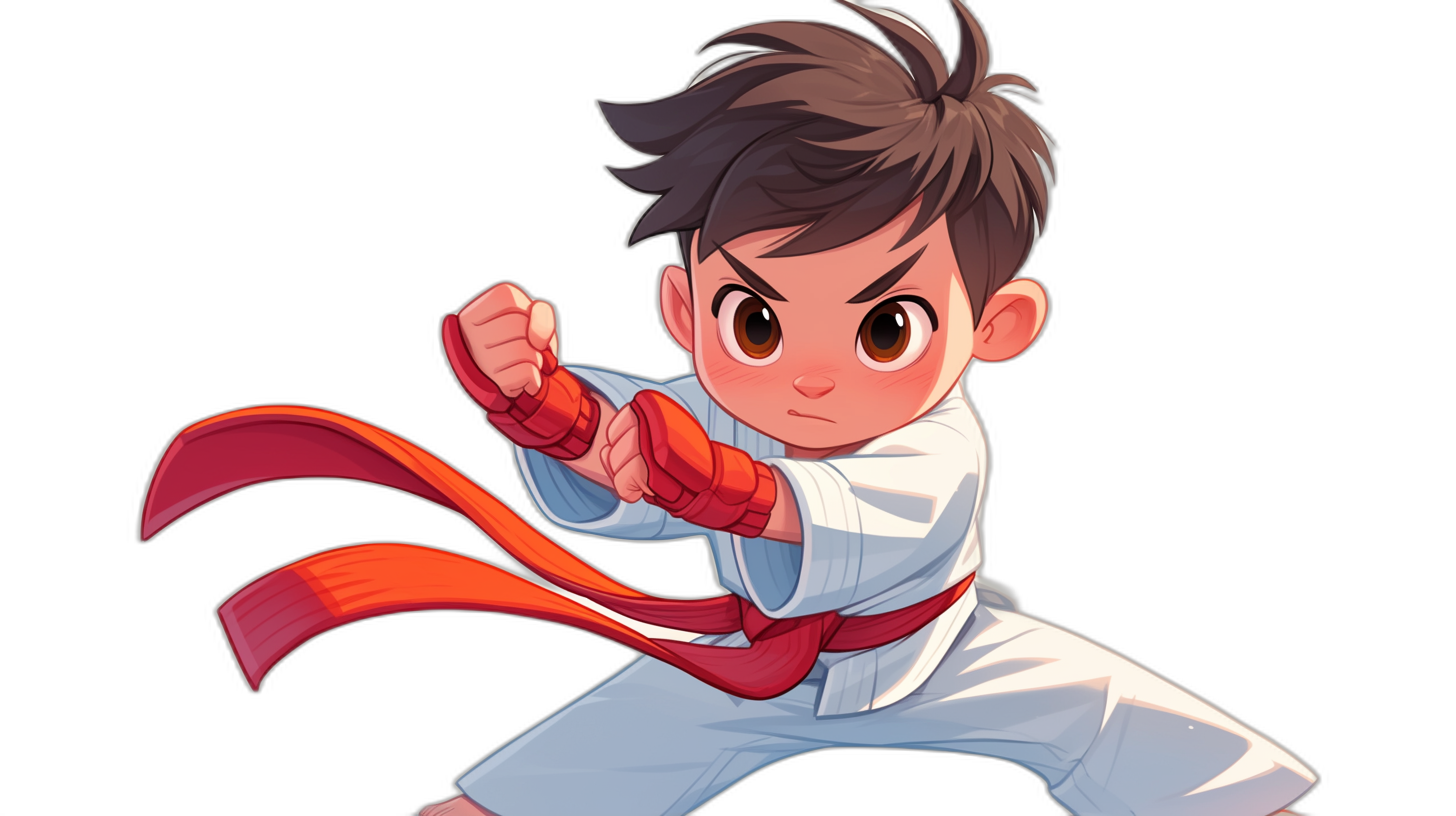 Create an illustration of the young boy in his karate outfit, ready to fight with determination on black background. The character is depicted in profile view, striking dynamic poses and holding red sash around waist. His eyes convey focus as he’s preparing for battle. Cartoon style with vibrant colors. He has short hair, brown skin color and white shirt