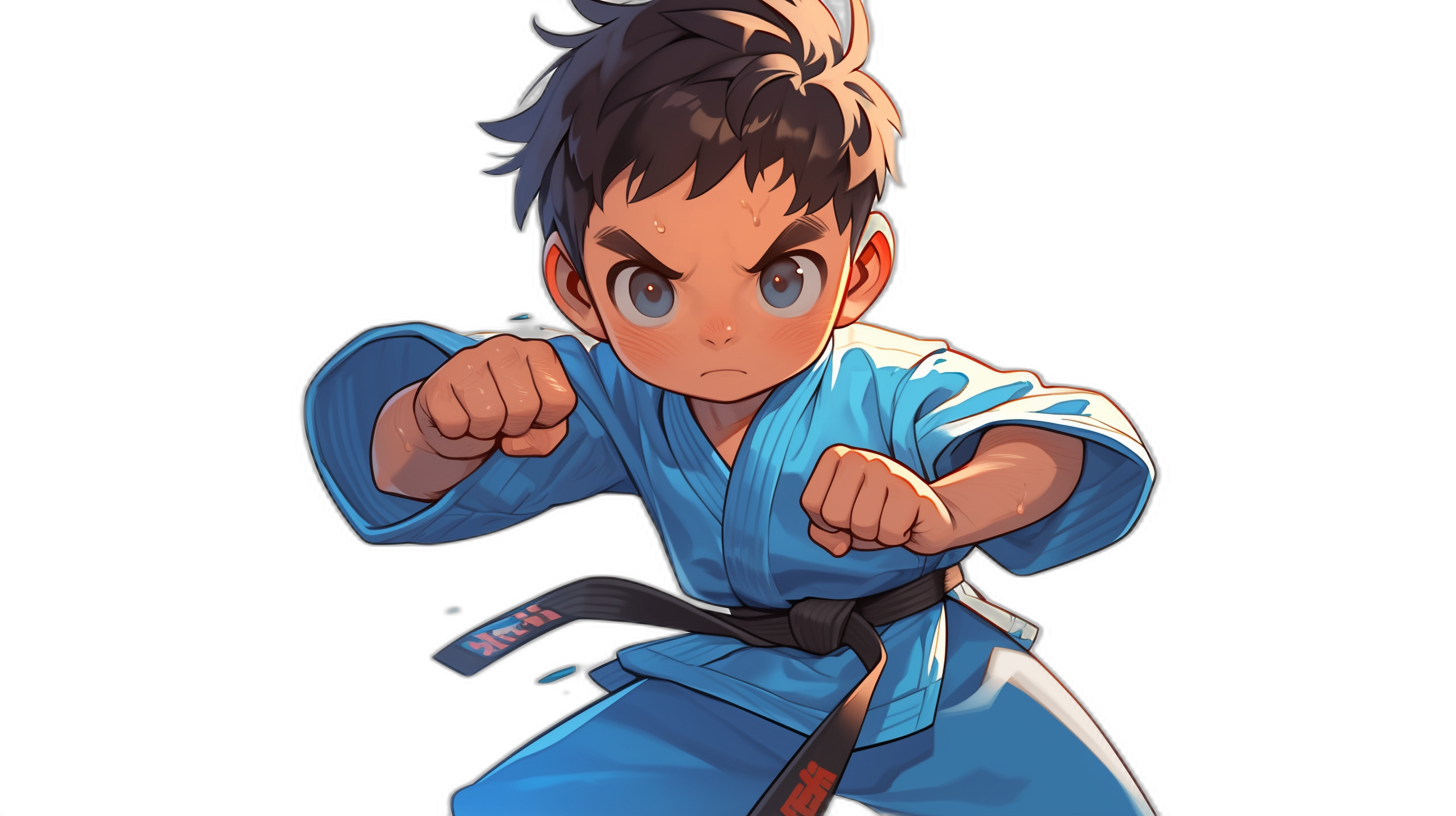 An illustration of a young boy in a blue jiu-jitsu gi striking a fighting pose. He has short hair and big eyes against a black background in an anime style with a chibi character design at a high resolution.