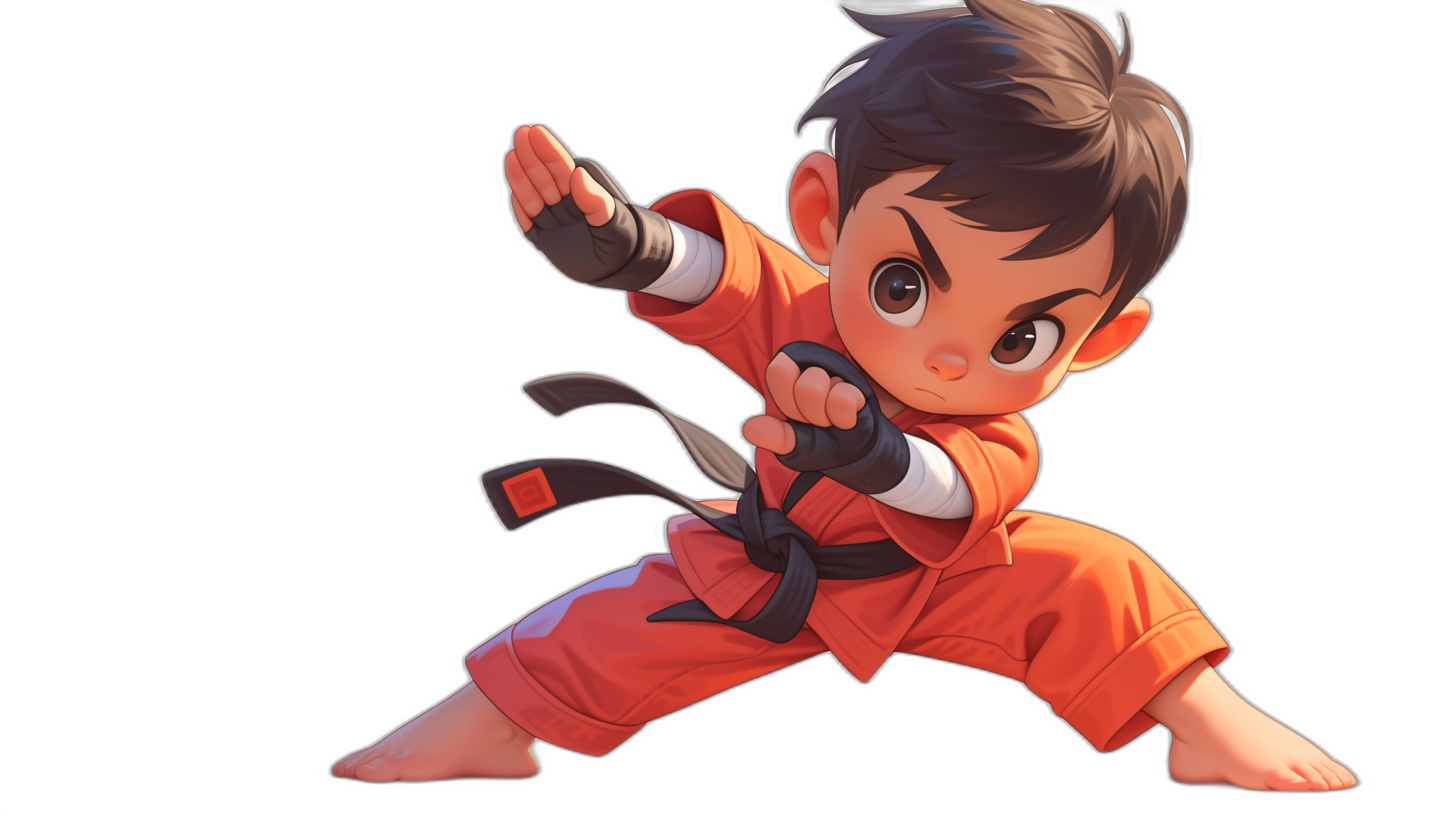 A cute little boy in red , with black hair and wearing an orange martial arts suit, in a karate kick pose against a black background, in the style of a chibi character design with a chibism illustration style reminiscent of Japanese animation.