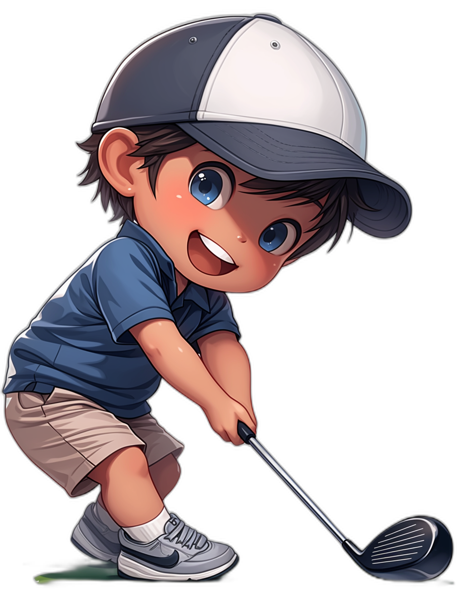 A cute little boy playing golf, wearing a navy blue and white cap with a grey shirt and smiling, against a black background in the chibi style. This 2D cartoon art is suitable for mobile games and is high resolution, high quality, and highly detailed. It is a professional illustration in the style of professional photography, with sharp focus and no blur, using bright colors in a hyper realistic style.