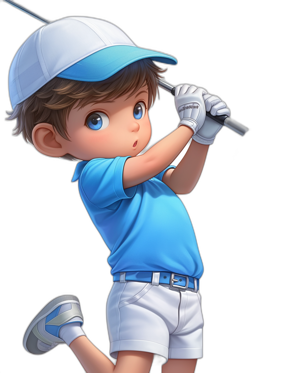 A cute little boy with blue eyes and brown hair, wearing a white cap, is playing golf while wearing a light blue shirt and grey shorts in a full body shot against a black background in the style of Ghibli studio’s 2D art style.