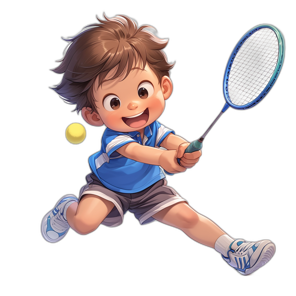 A cute little boy playing badminton in a cartoon style against a black background. He is wearing blue and white  and has a smiling expression. He is holding the racket in his right hand and hitting the ball with an open leg posture. The character is drawn in the style of Japanese artist [Hayao Miyazaki](https://goo.gl/search?artist%20Hayao%20Miyazaki), with high resolution and detailed facial features. He wears sports shoes on both feet and has brown hair. Wearing short sleeves, it is a vector illustration showing his full body and full of vitality.