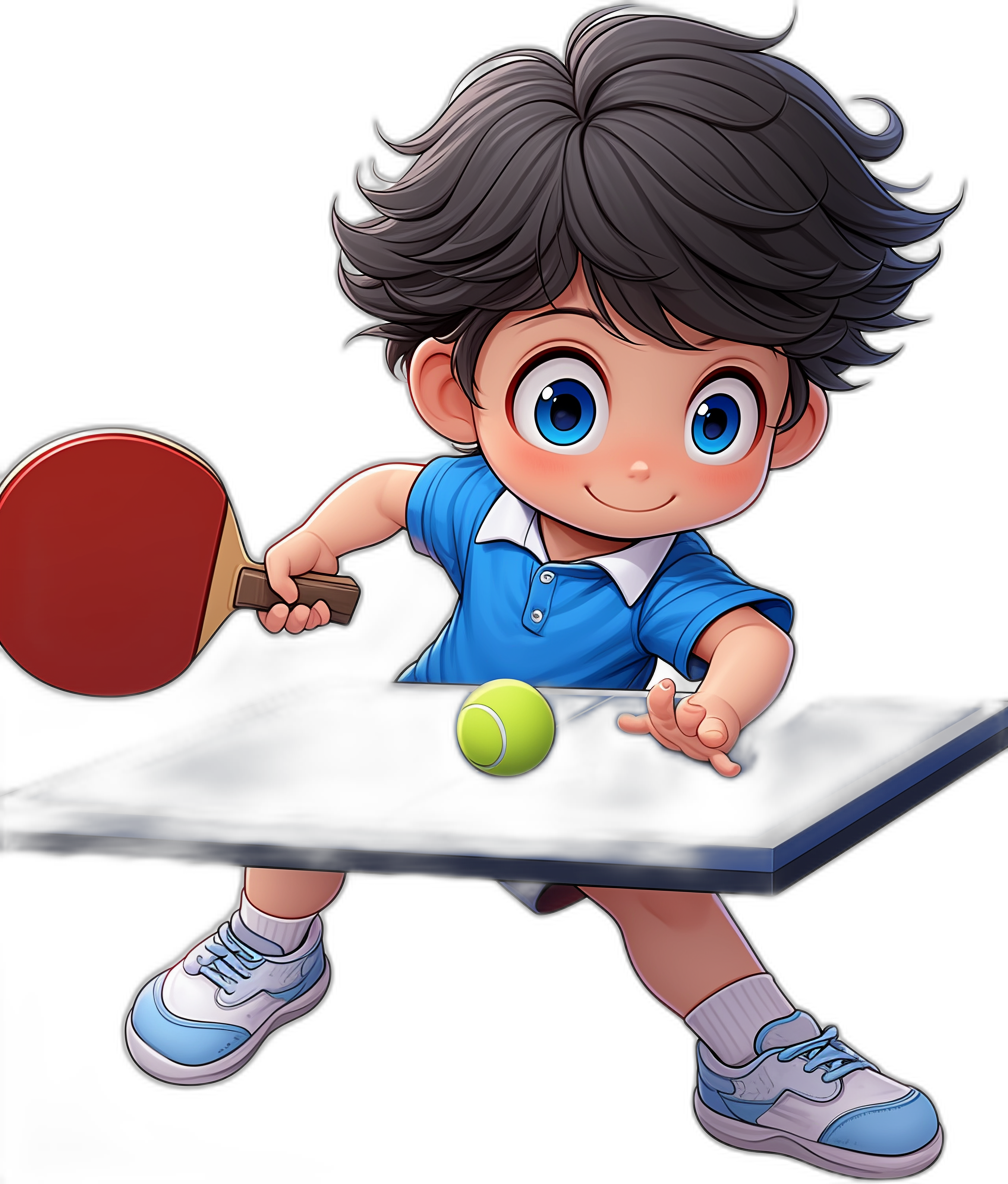 A cute little boy with black hair, blue eyes and white shoes is playing table tennis in the style of Chibi characters. He has short curly dark gray hair and big bright round brownishblue amber eyes wearing light purple shorts and an electric Blue shirt with long sleeves on his head holding red professional tennis racket. The background color should be pure Black.