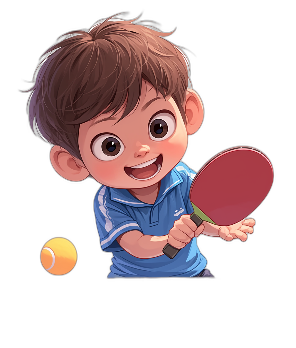 A cute boy playing table tennis, smiling and holding the bat in his hand, vector illustration style with black background, cartoon character design, blue shortsleeved t-shirt, cartoon face shape, cute expression, happy smile, brown hair, closeup of facial features, high definition details, solid color black background. In the style of Pixar. 2D flat cartoon, vector graphics, simple lines, simple coloring. The game is characterized by bright lighting effects. Black Background. Isolated on white.