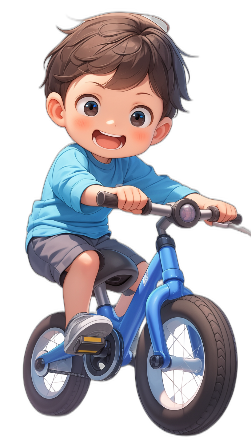 A cute little boy is riding his blue bike, smiling with big eyes and short brown hair in the style of an anime character, wearing light gray shorts and a dark navy long-sleeved shirt. The background color should be black to highlight him. He has no helmet on his head or body, making it easy to capture his full figure. His face shows happiness as he rides his bicycle. Make sure that all details such as facial expressions and  fit well into your illustration, focusing on his face.