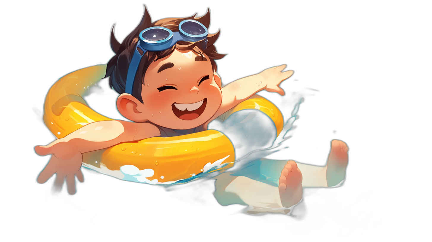 A cute little boy is floating on an inflatable ring in the water, wearing goggles and smiling happily against a black background. The character design and concept are in the style of artstation.