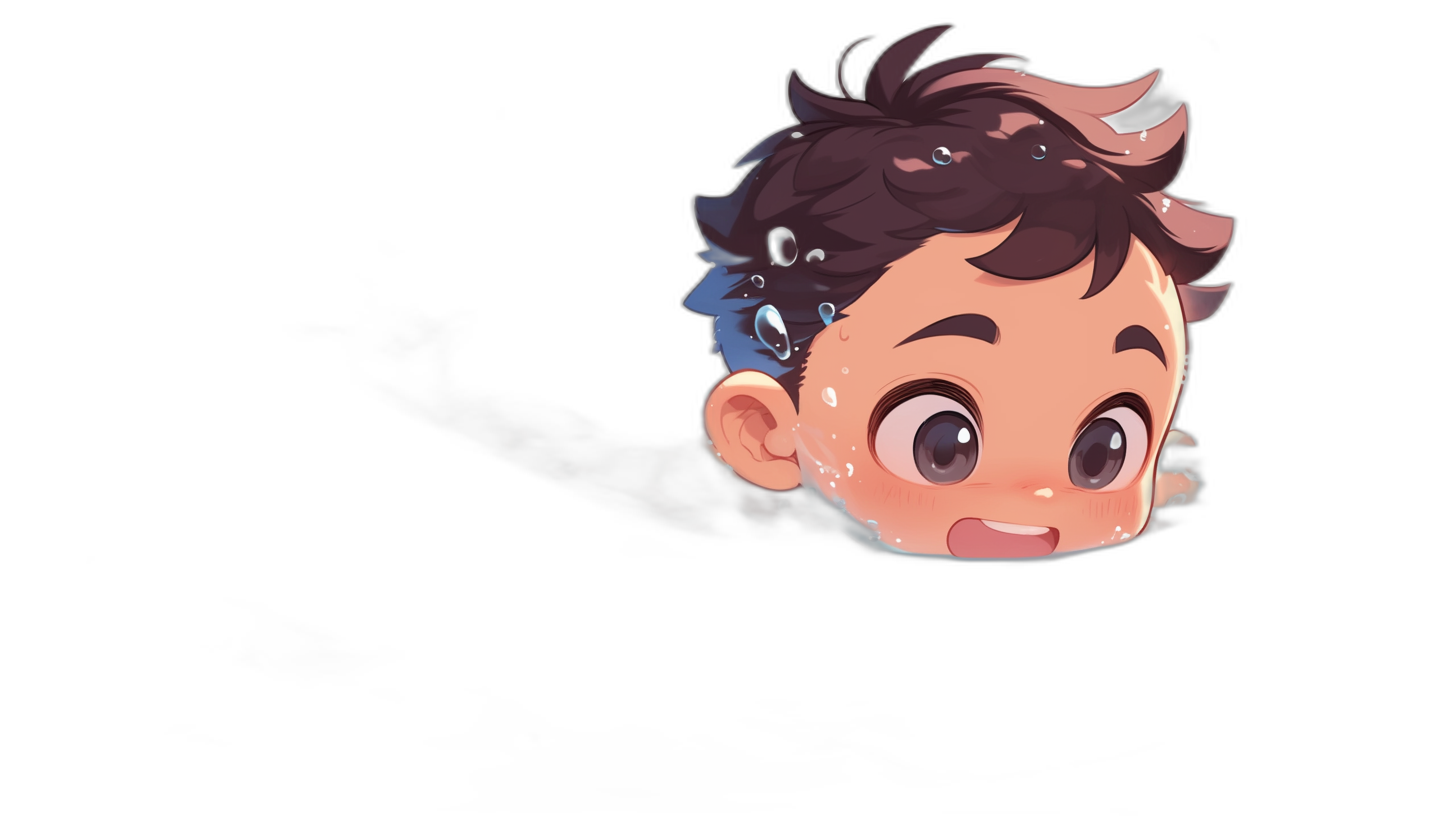 chibi head of boy with dark brown hair floating in black background, cute and dreamy style, 2d game art, 3840×2560 pixel perfect resolution, high detail