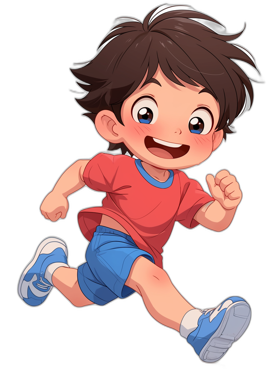 A cute cartoon boy is running, wearing blue shorts and red short sleeves with white shoes on his feet. He has black hair, big eyes, smiling expression, and a full body portrait in high definition against a pure black background. He is depicted in the style of .