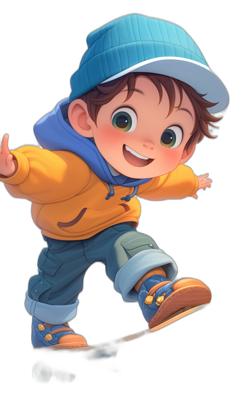 Cute cartoon character of a little boy wearing a blue cap and yellow jacket with a hood, smiling while doing a skateboard jump on a black background, full body portrait, detailed illustration in the style of [Artgerm](https://goo.gl/search?artist%20Artgerm) and [Atey Ghailan](https://goo.gl/search?artist%20Atey%20Ghailan), 2D game art, Pixar animation style, high resolution