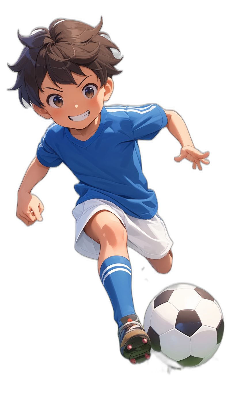 A boy in blue Tshirt and white shorts, with dark brown hair is kicking the soccer ball, smiling face. Anime style, Black background. He wears black shoes and has short straight bangs hair. The character of Inazuma Janeiro football team should wear a small logo on his chest. She’s wearing long socks and sneakers. Blue tshirt. Chibi anime art style. Isolated. HD. Full body shot. View from side angle. An illustration by [Studio Ghibli](https://goo.gl/search?artist%20Studio%20Ghibli), [Makoto Shinkai](https://goo.gl/search?artist%20Makoto%20Shinkai) and [Hayao Miyazaki](https://goo.gl/search?artist%20Hayao%20Miyazaki)