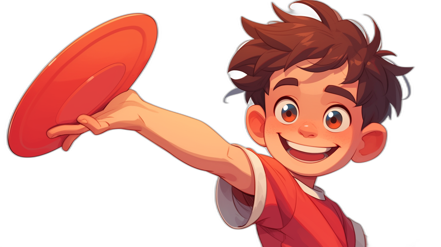 A cartoon boy with brown hair and white skin is smiling while throwing an orange frisbee in the air. He is wearing red and the background is black. The style of his illustration resembles that found on Pixar’s website, in the style of their illustrations. It should have bold outlines, flat colors without gradients, and be drawn from above looking down at him.