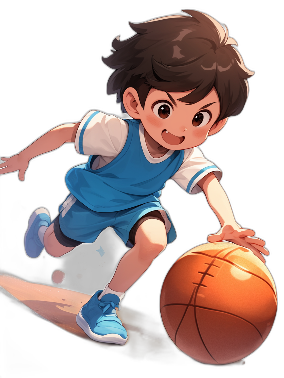 A cute boy playing basketball, wearing blue and white with dark brown hair in the style of Japanese anime, dribbling down the court to shoot a three point shot. The cartoon character has a high resolution, high quality, high detail design with vibrant colors against a solid black background. It is a closeup portrait with studio lighting and a low angle perspective. The 2D illustration is in an anime style.