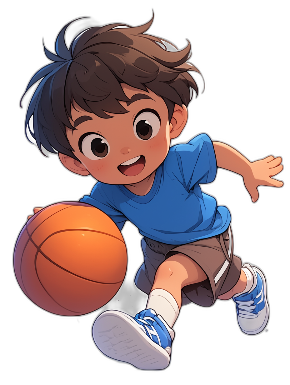 A cute little boy playing basketball is depicted in the style of anime, featuring cartoon characters with black backgrounds. The character has dark hair and wears sneakers from the brand T baskets. He was running while holding onto one hand to shoot the ball. His eyes were bright as he played basketball very happily with a happy expression.