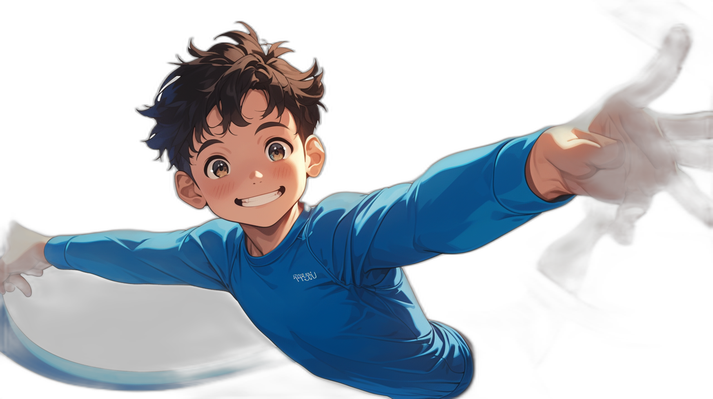 A young boy with brown hair and hazel eyes wearing a blue long-sleeved t-shirt smiling, doing an acrobatic jump on the ground with his arms outstretched, in front of him is a white sheet that he’s about to throw over himself. In the style of anime, with a black background.