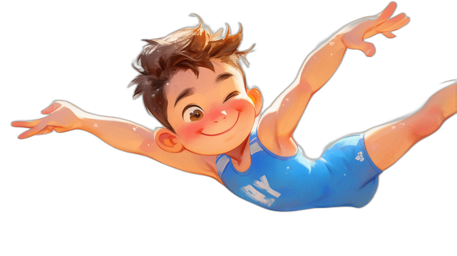 A cute cartoon boy in a blue gymnastics outfit is smiling and flying through the air, in the style of Disney Pixar, against a black background with high detail.