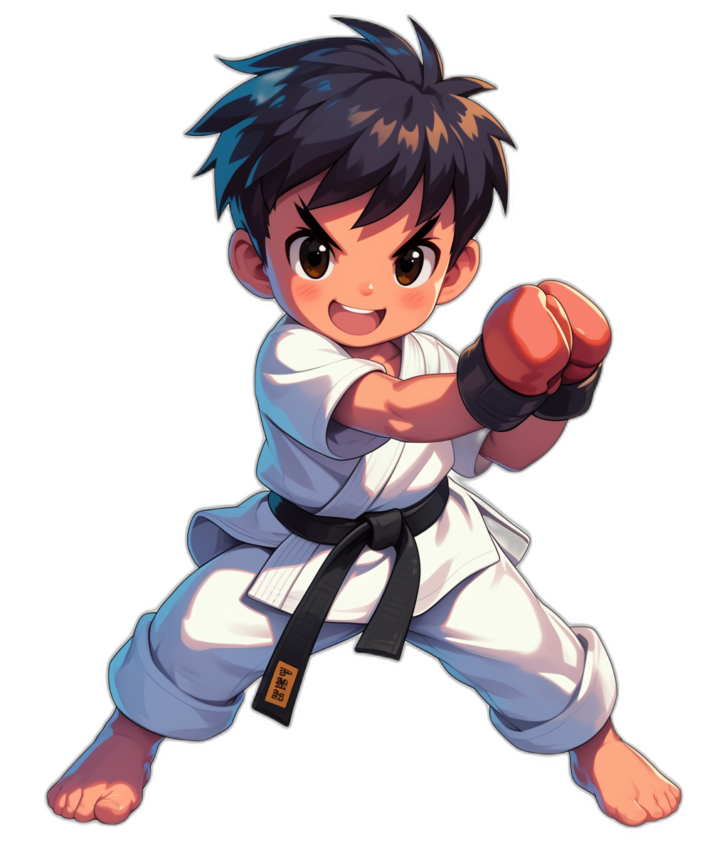 An anime-style illustration of a young boy with dark blue hair, wearing a white karate gi and black belt. He is doing martial arts moves. The background should be plain black to highlight his features. Use vibrant colors for the attire and create dynamic poses that convey energy and movement in the style of classic Japanese animation. Ensure that he has large expressive eyes and a smile on his face.