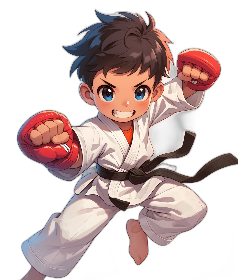 A young boy in a karate outfit doing a kick in the style of anime, with a black background, chibi character design, 2d game art style, cartoon, with a cute and happy expression, red gloves on his hands, white pants with a belt around his waist, dark brown hair, blue eyes, front view.