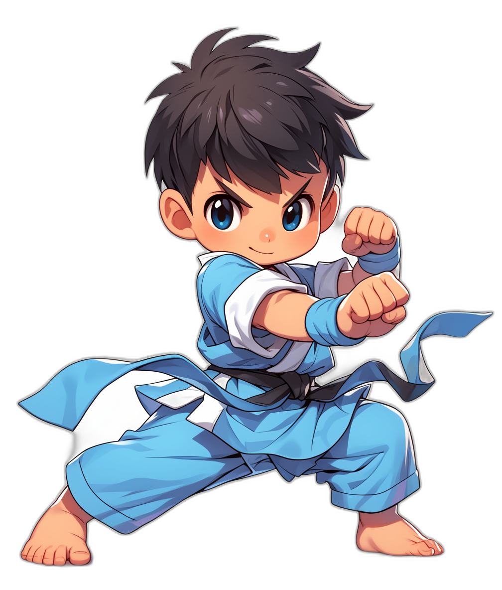 A young boy in blue and white martial arts attire, with short black hair, is depicted in a ready to fight pose in the style of [Akira Toriyama](https://goo.gl/search?artist%20Akira%20Toriyama)’s cartoon style, on a pure black background. The character is created in the gamestyle graphics of Street Fighter, and has bright eyes. It’s depicted as an anime character, in a fullbody view. This is an illustration created for his profile picture, focusing only on him without any other characters or objects around.