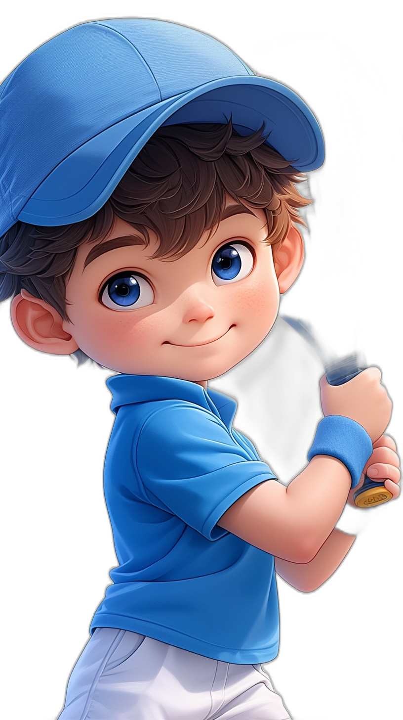 Cute boy, wearing a blue baseball cap and a light gray T-shirt with a black background. He is holding his bat ready to hit the ball in the style of Disney. Blue eyes, brown hair, white shorts. A very happy expression. Anime cartoon, 2D animation style, in the style of Pixar. Background, cute baby boy playing golf.