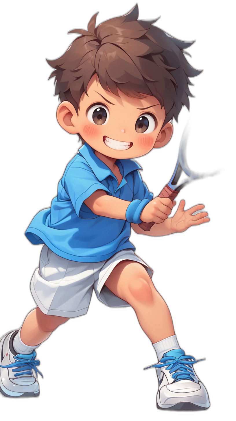 A boy playing tennis, wearing a blue shirt and white shorts with shoes, with a smiling expression, brown hair, holding a racket in his right hand, a full body shot, black background, in the style of chibi anime.