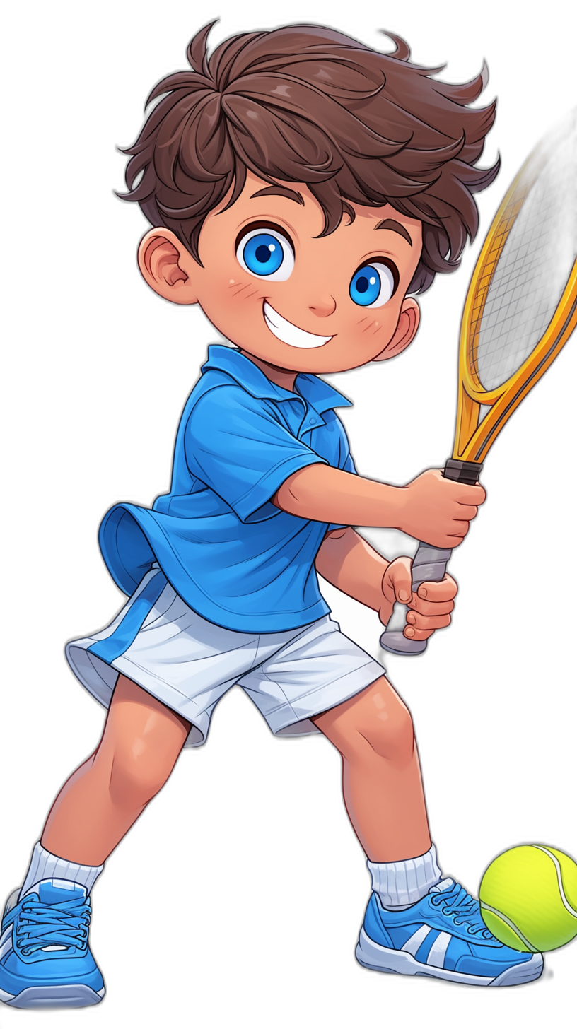 A cute boy with blue eyes and brown hair playing tennis, wearing white shorts and a light blue shirt, holding a racket and ball in his hand, smiling happily, with a cartoon style character design on a black background, a colorful cartoon illustration in the style of Disney Pixar animation, a character full body portrait.