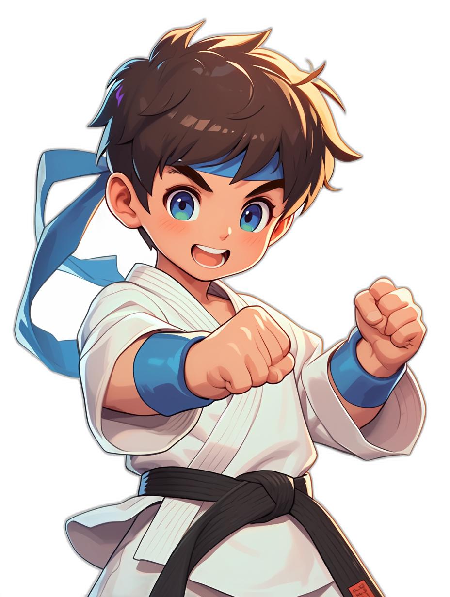 An illustration of a young boy with short, dark brown hair and blue eyes in the style of anime or cartoon character design. He is wearing white karate robes with a black belt around his waist tied into a knot at the back, showing he has a high level of karate skill. The little man poses as if ready to fight with his fist raised and a smiling expression on his face. Black background, vector art, vector graphics, in the style of adobe illustrator, cute.