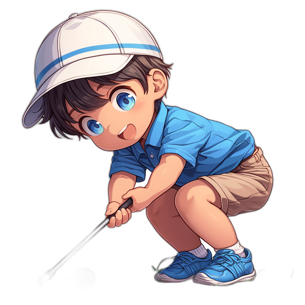 cute chibi anime boy playing golf, blue shirt and white cap, brown shorts, light grey eyes, dark hair with bangs, full body shot, black background, blue shoes, golf club in hand