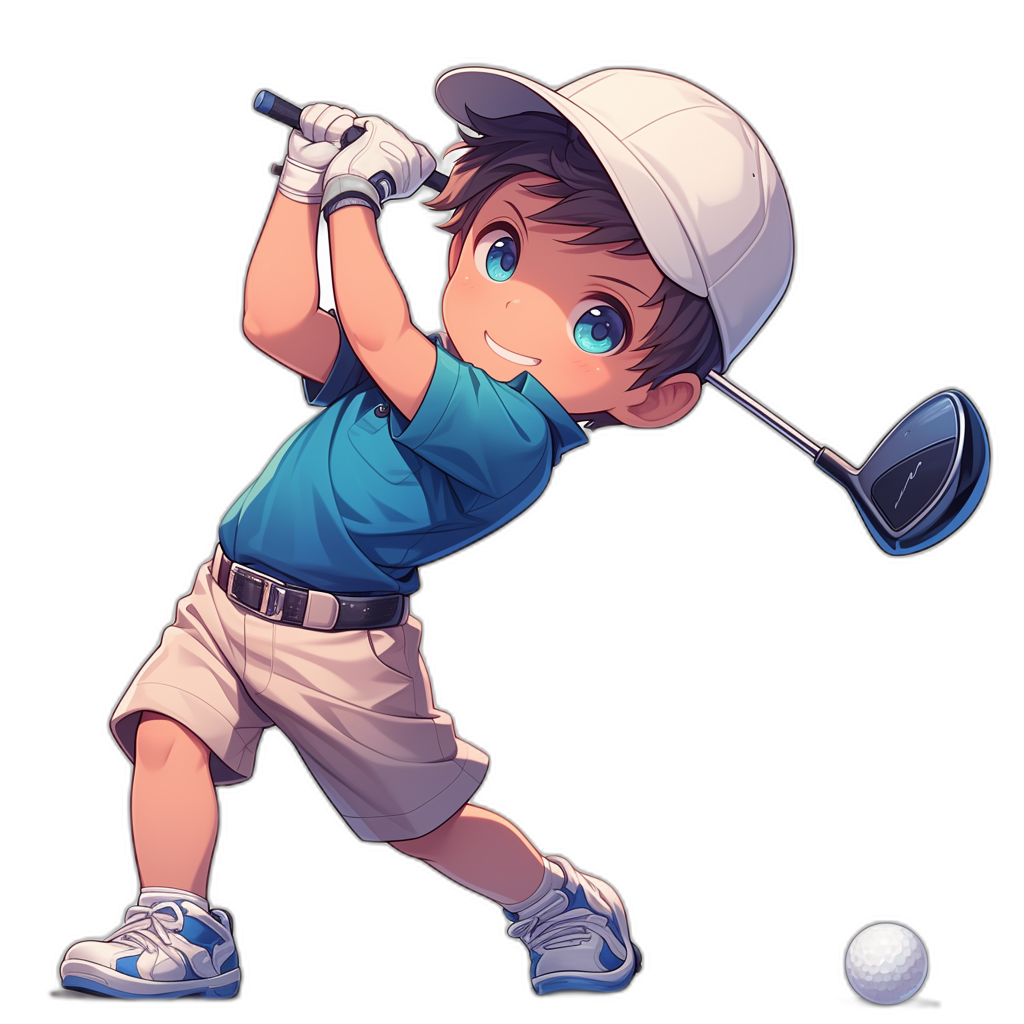 A cute boy playing golf, vector illustration in anime style with black background. The character is wearing white cap and blue tshirt, holding the club over his head to hit ball. He has short brown hair, big eyes, smiling face expression, full body view. Illustration by [Hayao Miyazaki](https://goo.gl/search?artist%20Hayao%20Miyazaki), isolated on Black Background