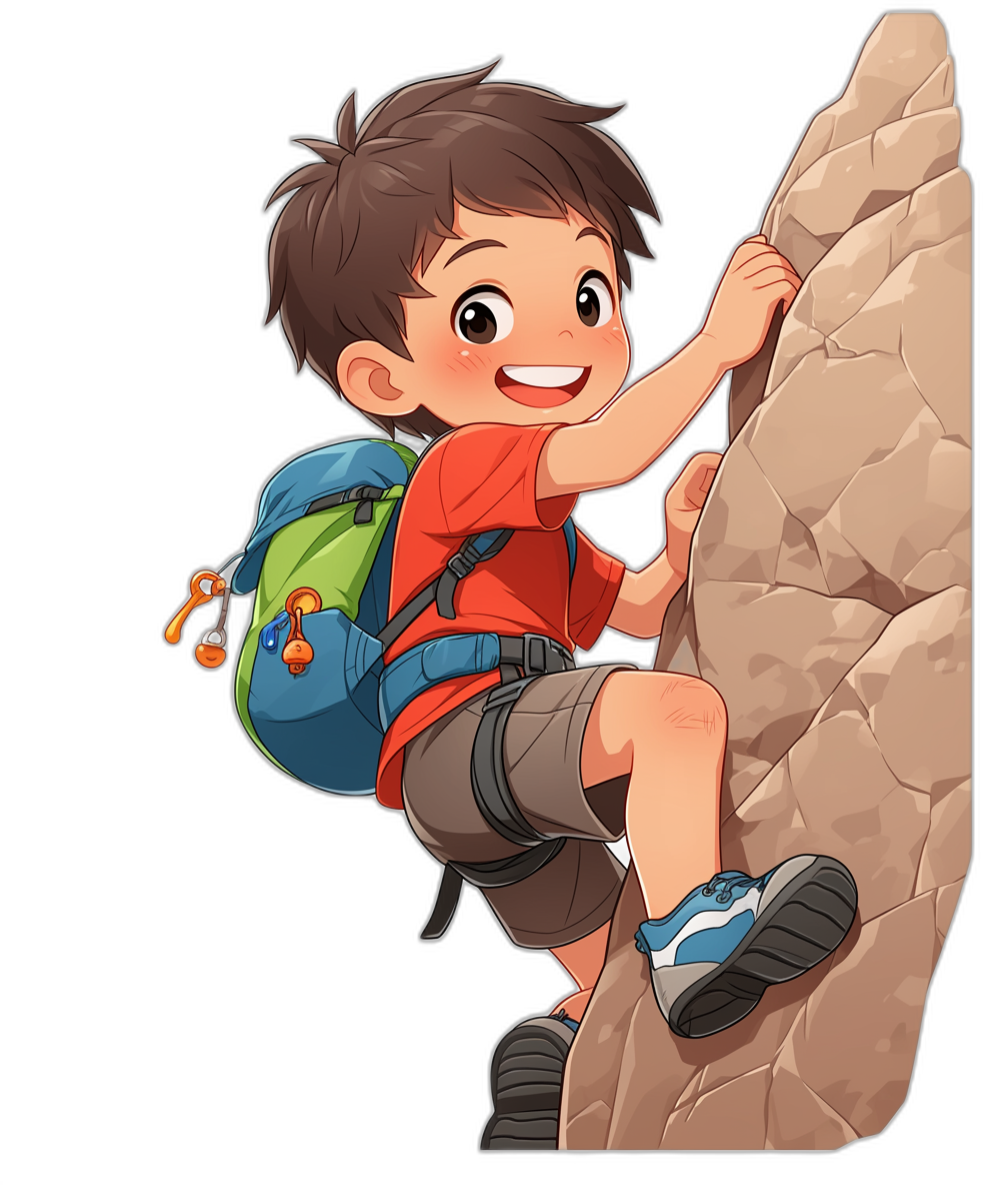 A cute boy climbing the mountain, wearing shorts and a red T-shirt with short sleeves on his back is carrying an outdoor backpack, smiling happily at us while climbing up to create an illustration in the style of anime. Black background. The little man has brown hair, blue eyes, white skin color, and wears black shoes. He holds onto rockery for support, holding a small hand salon from the left side. A cartoon character design. It’s a full body. There should be no shadows or gradient effects. In the style of Pixar.