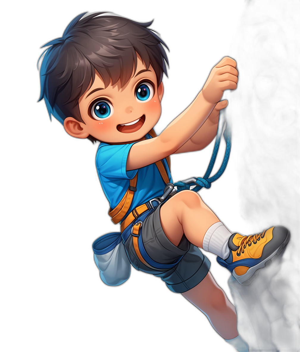 A cute boy wearing a blue shirt and shorts, white socks, and yellow shoes is hanging on climbing equipment with a smiling expression, big eyes, and short black hair while looking up at the camera in a full body shot against a black background. The design style is that of a game character with cartoon anime and 2D flat illustration characteristics, featuring bright colors, high definition details, and high resolution high quality.