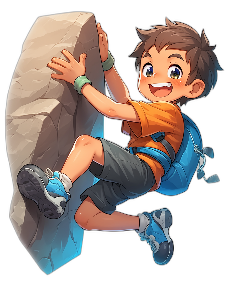 A young boy with brown hair and blue eyes, wearing an orange shirt and black shorts is climbing on the rock wall smiling, in the cartoon style, white shoes, backpack, black background, 2D game art character design.