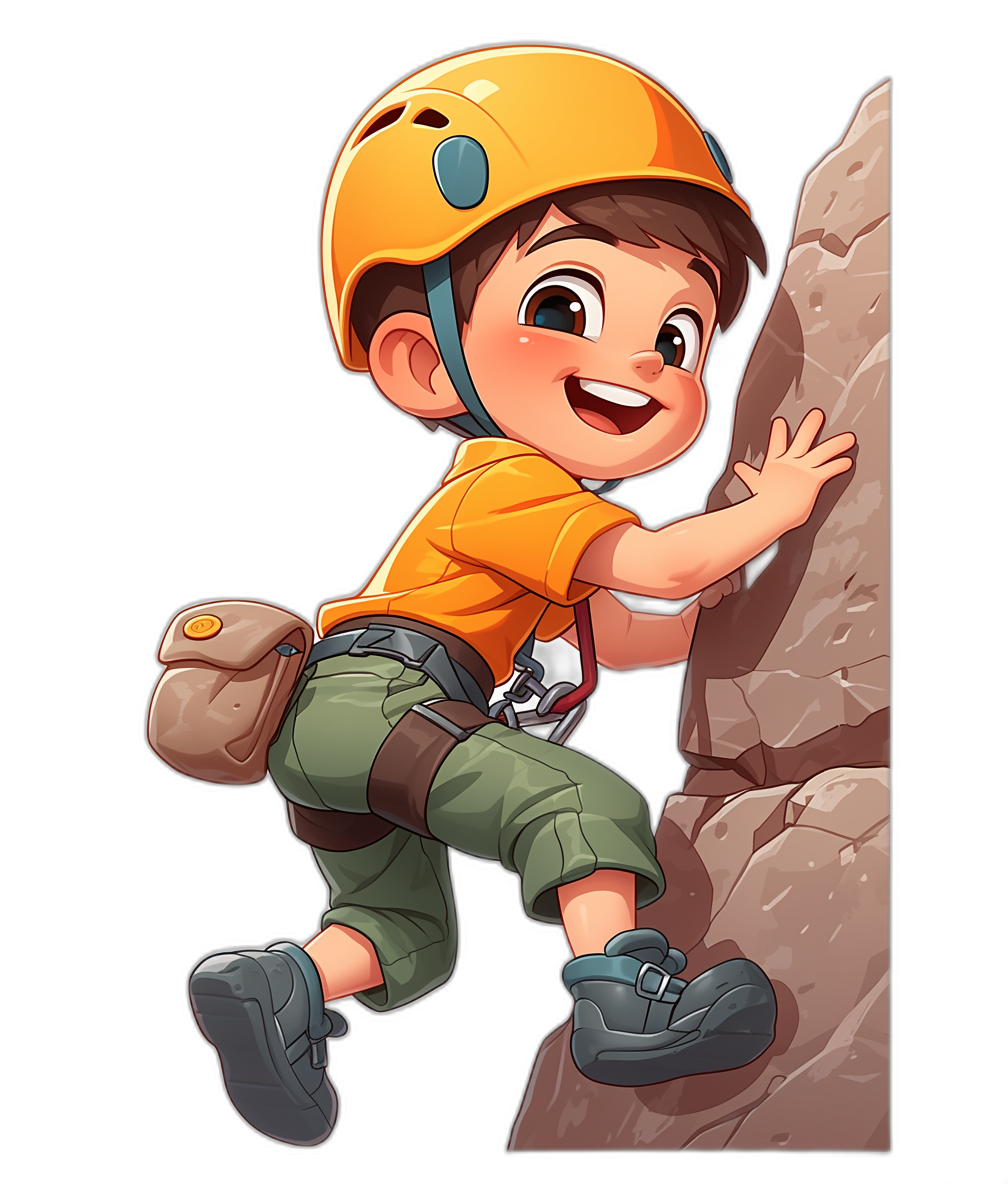 A cute cartoon boy climbing a rock wall with a happy face, wearing a helmet and safety shoes, detailed character design in the style of procreate illustration, full body shot with a black background.