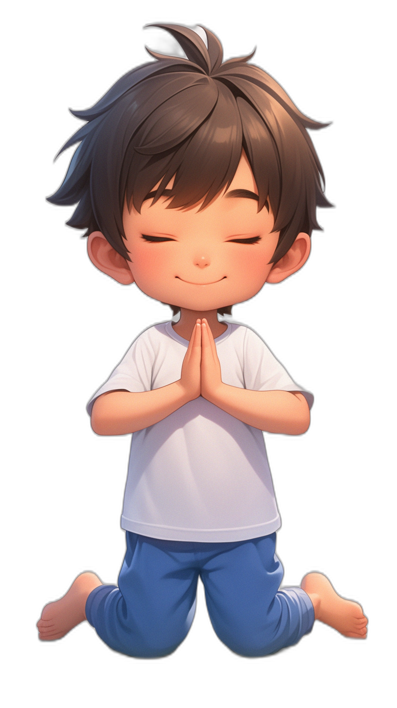 A cute little boy with dark hair, wearing blue pants and a white t-shirt is kneeling down in prayer on his knees facing the camera, eyes closed, hands clasped together above his head in the style of a cartoon chibi character. It is a full body shot against a black background.