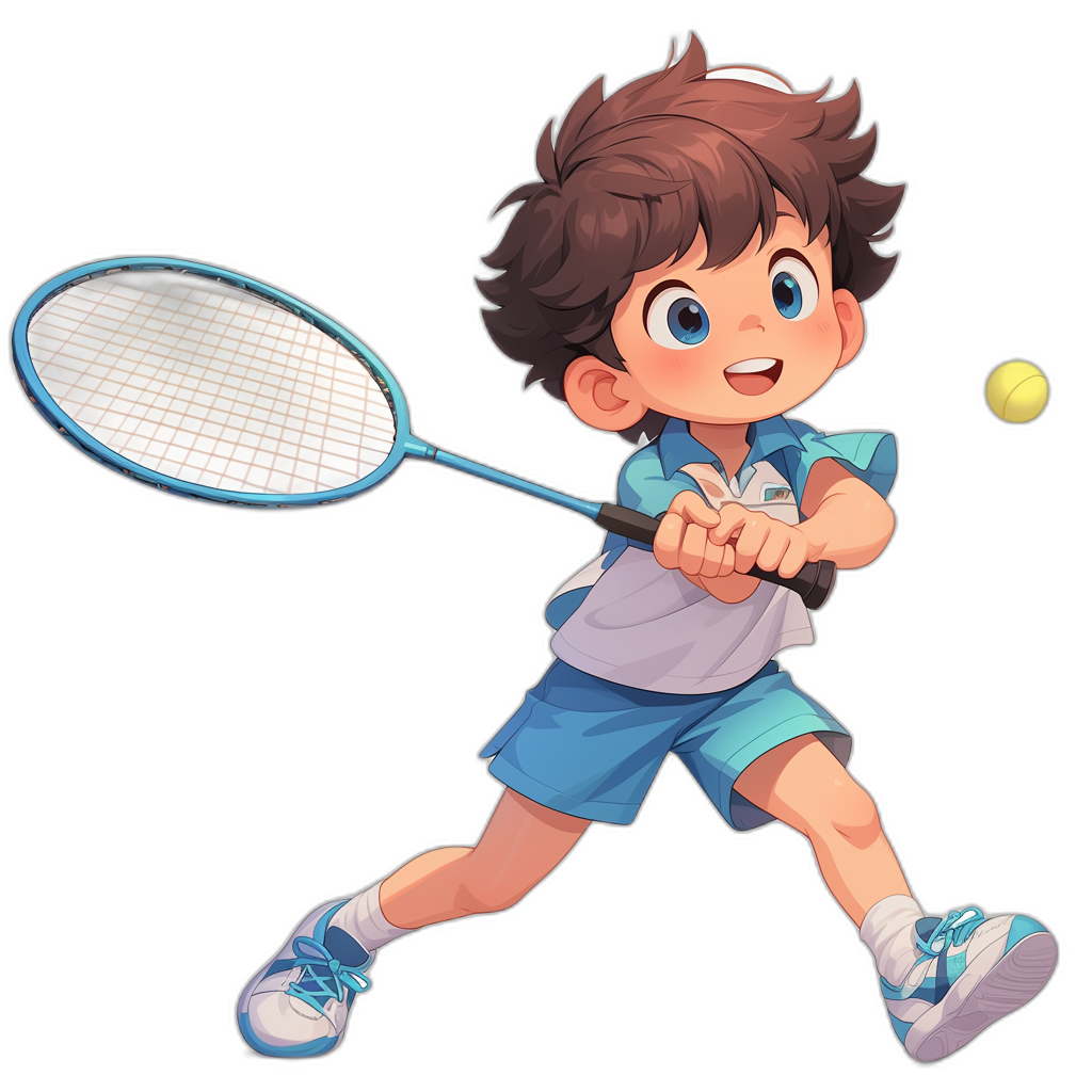 A cute boy playing tennis, wearing blue shorts and white shoes with brown hair, hitting the ball with his racket. The character is designed in the style of anime on a black background. He has big eyes and wears light-colored . It should have bright colors and clear details to make it look lively and cheerful.