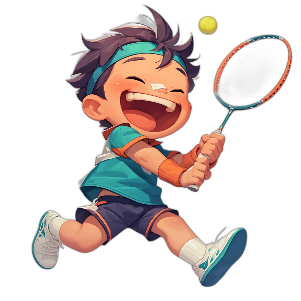 cartoon boy playing badminton, smiling and laughing with his face in the air, holding a racket, wearing a blue shirt and shorts, a sports headband on his forehead, black background, full body shot, front view, cute cartoon character design in the style of a simple stroke, high saturation color scheme, exaggerated perspective effect, lively movements.