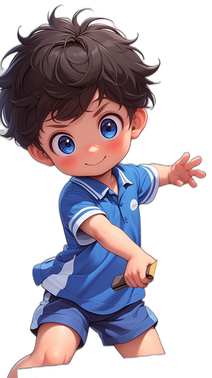 Cute boy playing table tennis, wearing a blue and white school uniform with short sleeves and shorts, holding a bat in his hand, smiling with a expression, big eyes, dark hair, black background, in the style of anime, Japanese manga, simple lines, high definition details, cartoon cute style. in the style of Japanese manga.