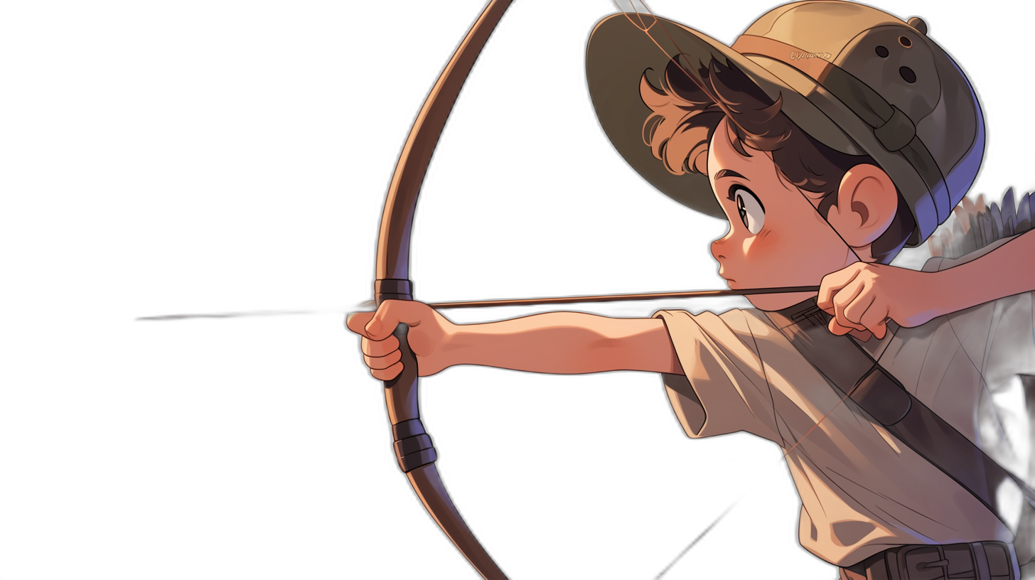 A boy in explorer’s , with short brown hair and wearing an archery hat is drawing back his bow to shoot. He has a black background, in the style of anime, in the style of cartoon, with simple lines, in the style of [Studio Ghibli](https://goo.gl/search?artist%20Studio%20Ghibli).