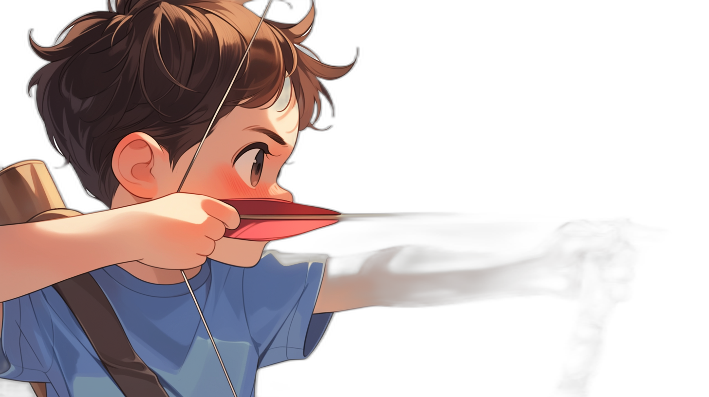 A cartoon boy with brown hair in a blue t-shirt is shooting an arrow. He has his hand on the string of the bow and is holding it at eye level. It is a close up, focused shot with a black background. The 2D flat illustration is in the style of anime with sharp lines, high quality, high details, and high resolution. It is a trending artstation piece with high contrast.