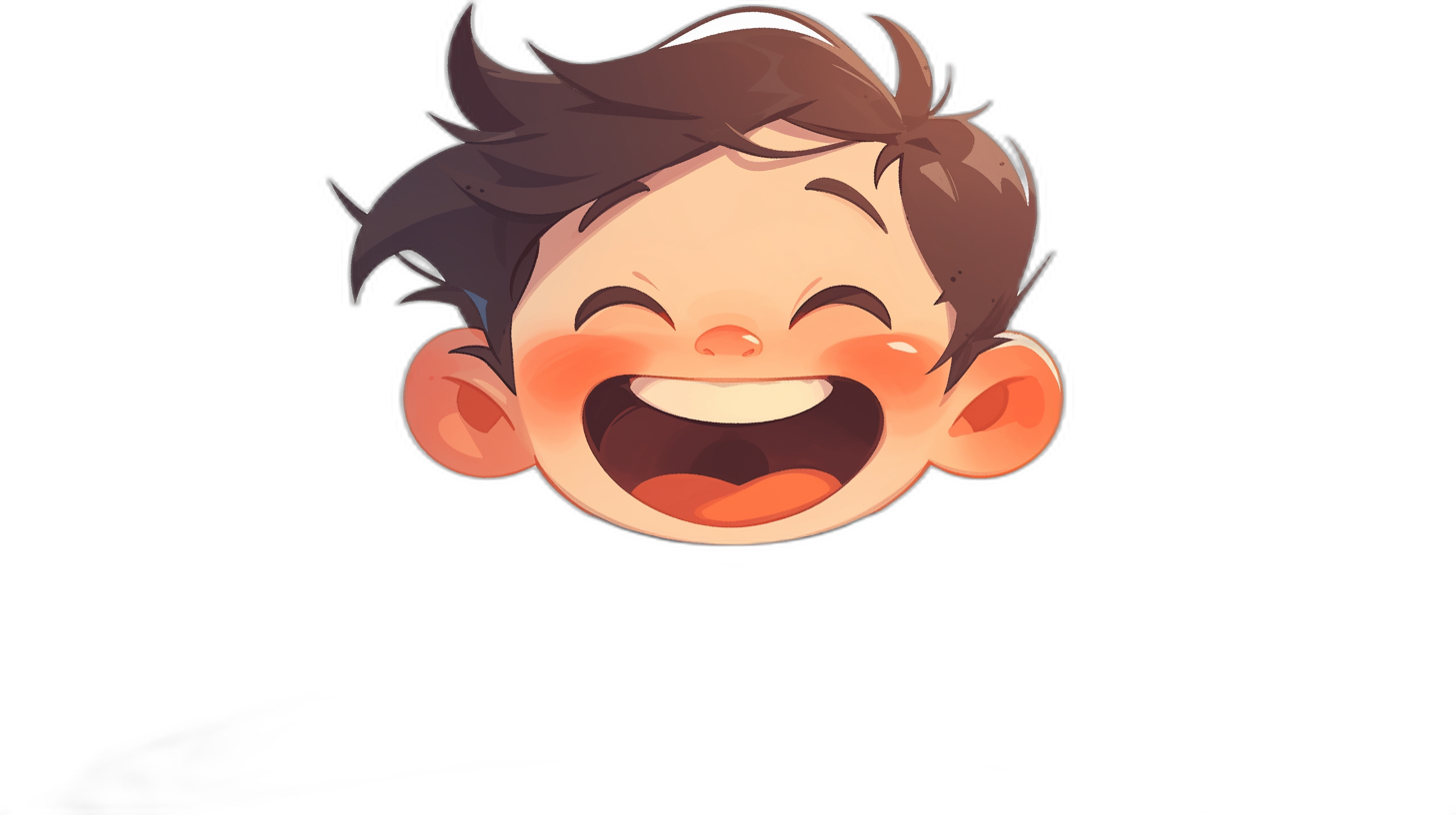 A cute laughing cartoon boy face logo in the style of a black background, flat illustration style, high resolution, professional lighting and color grading without repeated words or Chinese characters.