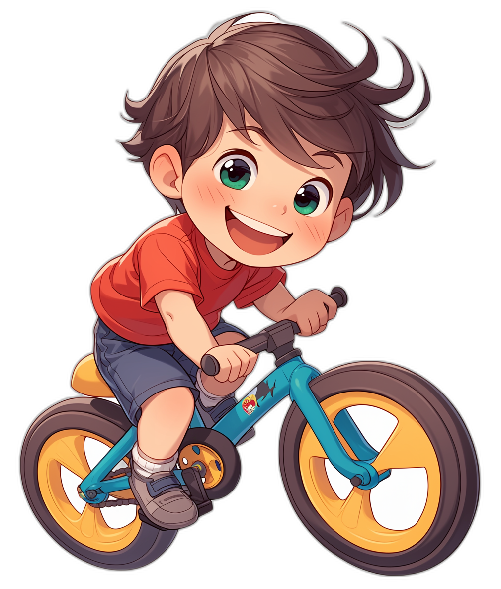 A cute little boy with dark brown hair and green eyes is riding his blue balance bike, wearing an orange t-shirt over navy shorts. He has a big smile on his face. In the style of chibi anime, on a black background.