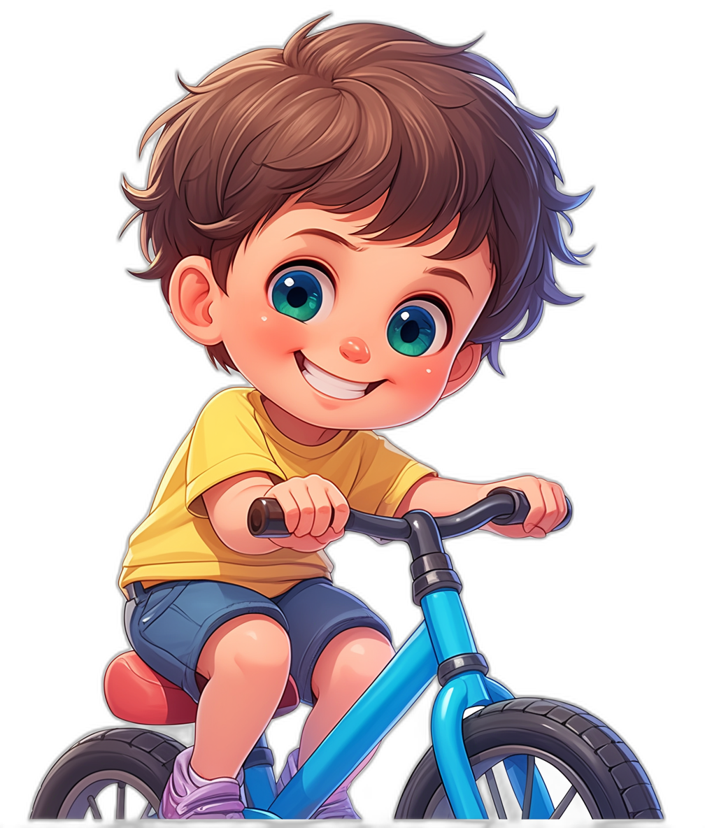 A cute little boy with brown hair and blue eyes, smiling while riding his light blue bike on a black background in the style of chibi character design, wearing a yellow t-shirt and dark shorts, 2D game art in the style of cartoon realism.