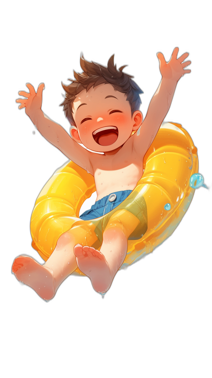 A cute little boy is happily floating in the air on an inflatable ring, with a black background and simple illustration style in a full body portrait in the style of anime art. The cartoon character wears colorful  with a high saturation color scheme and smiling expression with exaggerated movements and lively expressions.