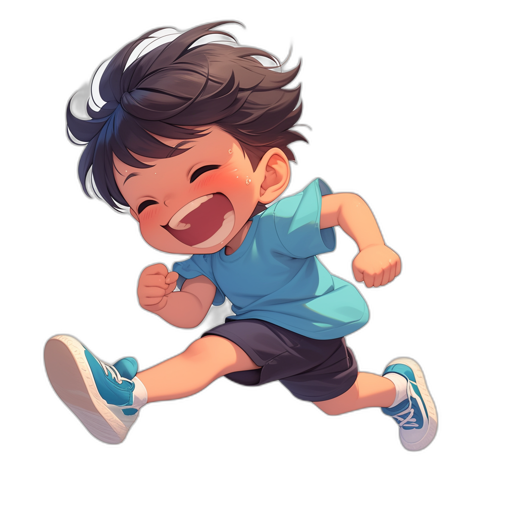 A cute little boy is happily running, wearing blue short sleeves and black shorts with sneakers on his feet. He has dark hair, smiling brightly, and exuding an adorable style. Black background, with a character design in the style of [Studio Ghibli](https://goo.gl/search?artist%20Studio%20Ghibli), high resolution.